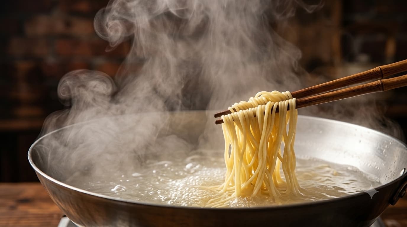 Fresh wheat noodles lifted from a boiling wok with bamboo chopsticks, steam rising