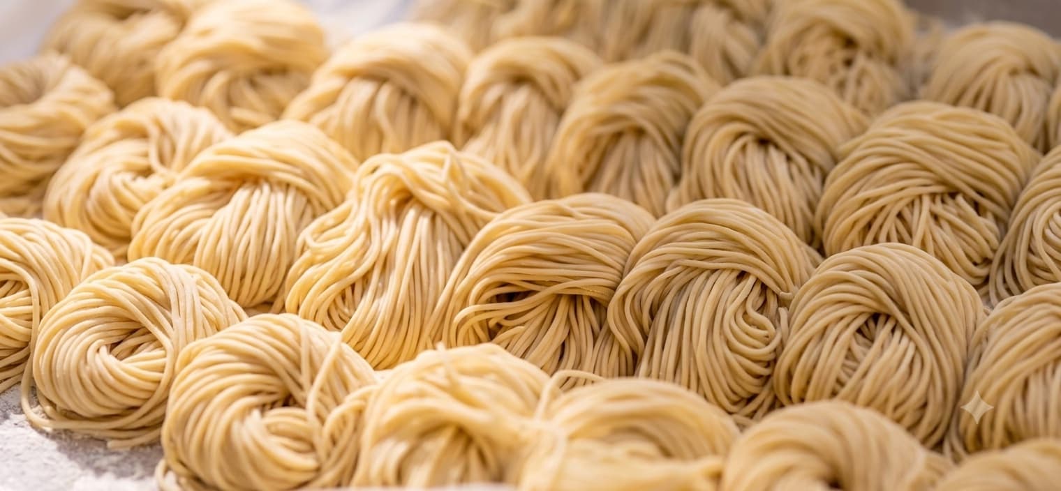 Rows of fresh wheat noodle nests dusted with flour on a floured counter.